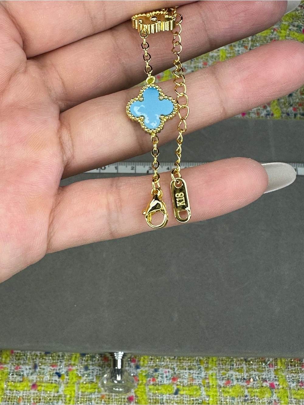 Delicate Gold Bracelet with Light Blue Enamel Clover